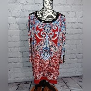 Rafaella women's long sleeve stretch knit paisley print size 2x top studded b3